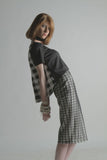 Skirt Mesh layered windowpane pencil skirt Top: Black	and	White Inverted	pleat	top